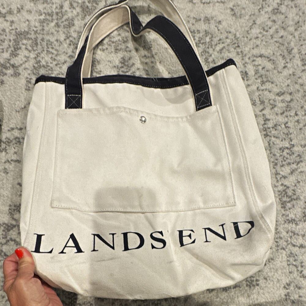 Lands' End Ivory/Navy Logo Tote Bag Snap Closure Inner Pockets Double Handles